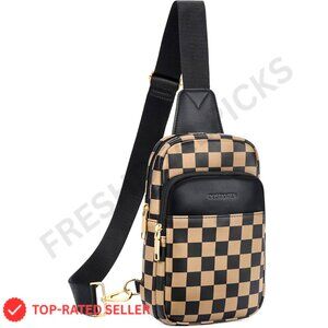 Quilted Vegan Leather Sling Bag Crossbody Purse Adjustable Strap Elegant Minimal